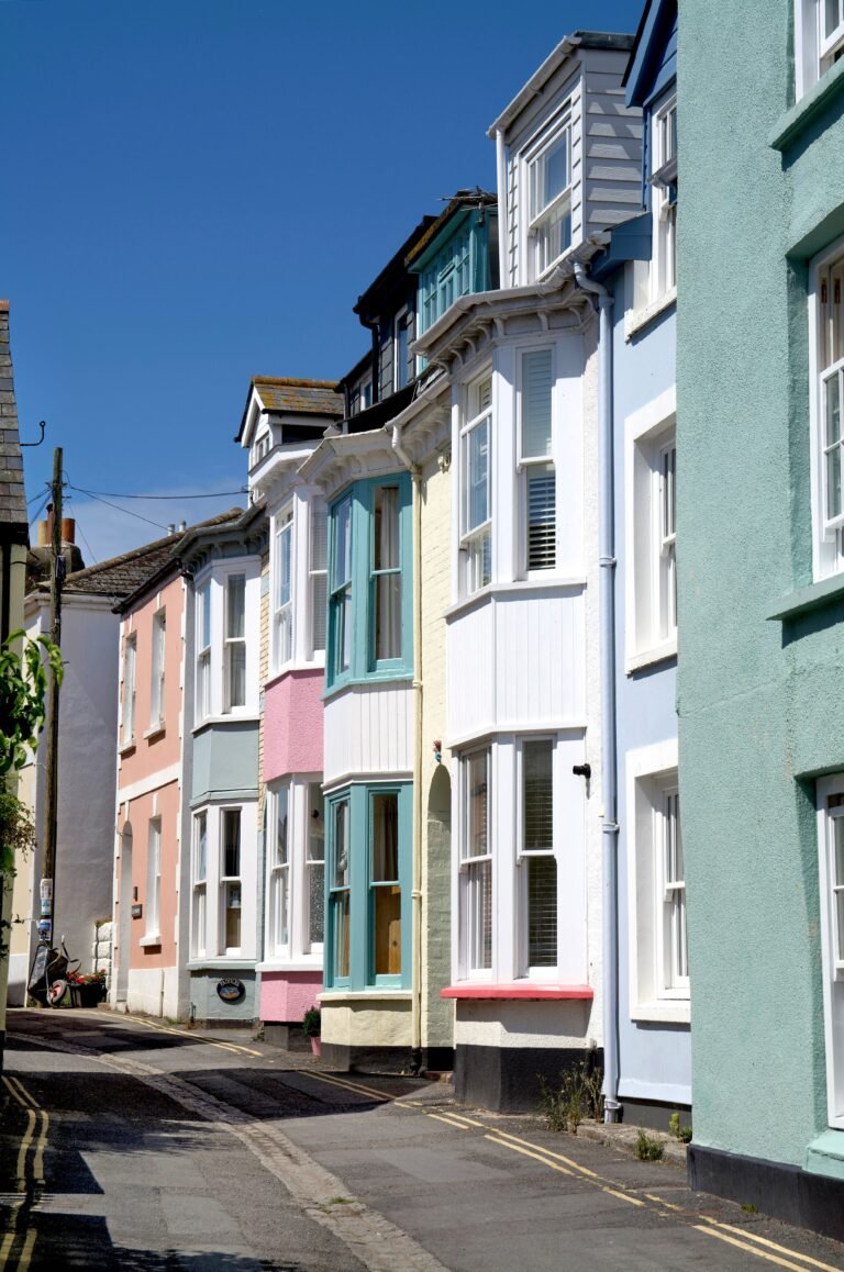 Street of colourful painted terraced houses